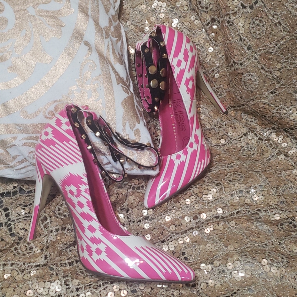 Red Kiss Girl pink and white rocker studded  heels